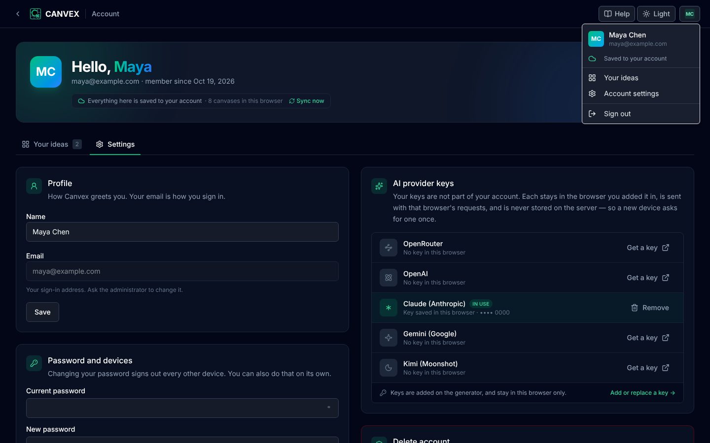 The account menu open, showing the account, its sync status and Sign out