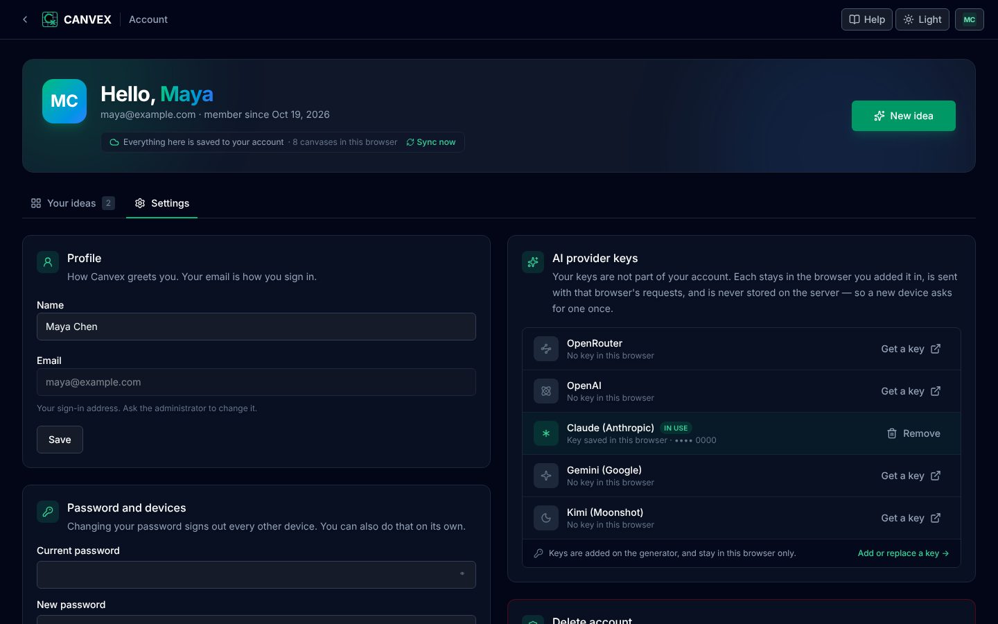 The Settings tab: profile, password and devices, AI provider keys and delete account