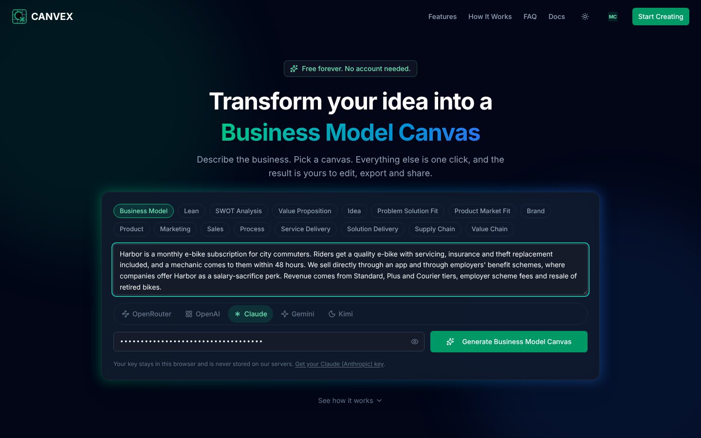 The Canvex home page with the idea box, canvas picker and provider selector