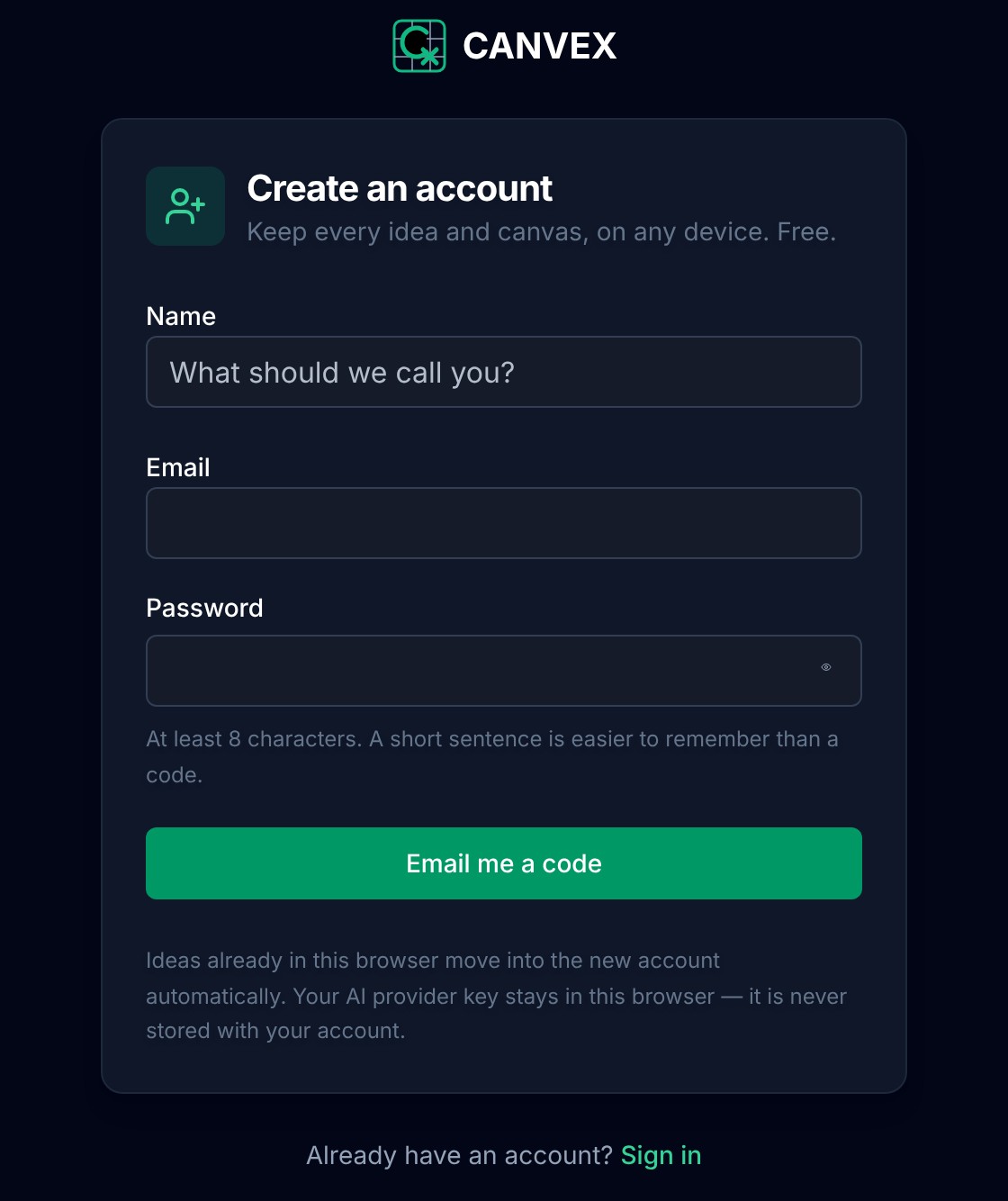 The Create an account page with name, email and password fields and an Email me a code button